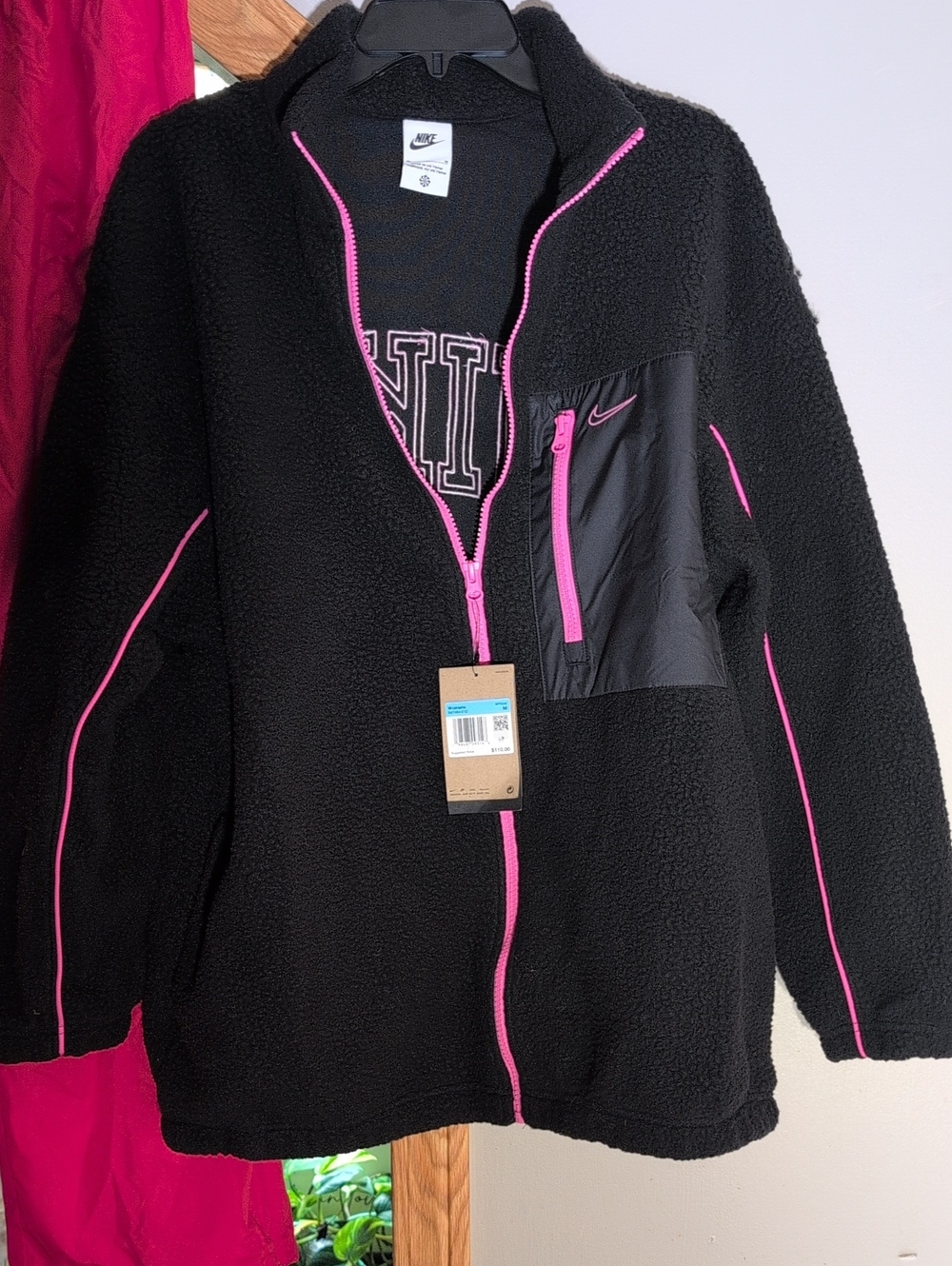 Nike Black Sherpa Jacket with Pink Trim and Zip Pocket